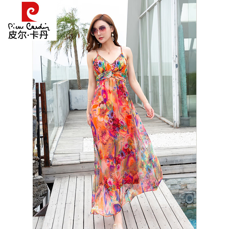 皮爾卡丹（pierre cardin）100桑蠶絲連衣裙真絲長裙V領(lǐng)波西米亞夏季新款度假真絲沙灘裙 銹紅花色 吊帶真絲裙 S