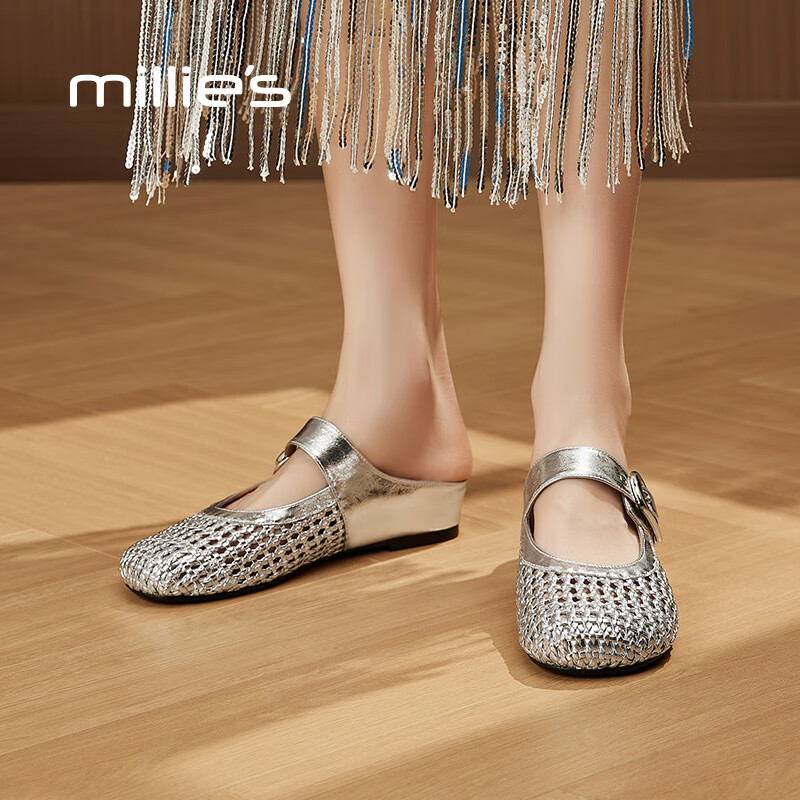 妙丽穆勒鞋女低跟镂空外穿包头时尚2025夏季新款百搭休闲时尚半拖鞋 银色 38 (240mm) 标准码