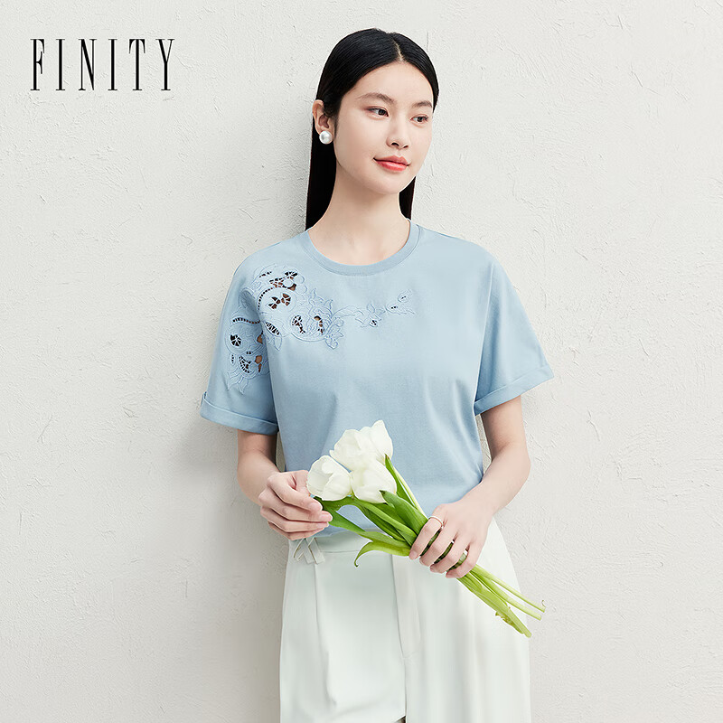 菲妮迪（FINITY）T恤2025女夏季新款简约绣花百搭气质圆领短袖上衣女 蓝色 L