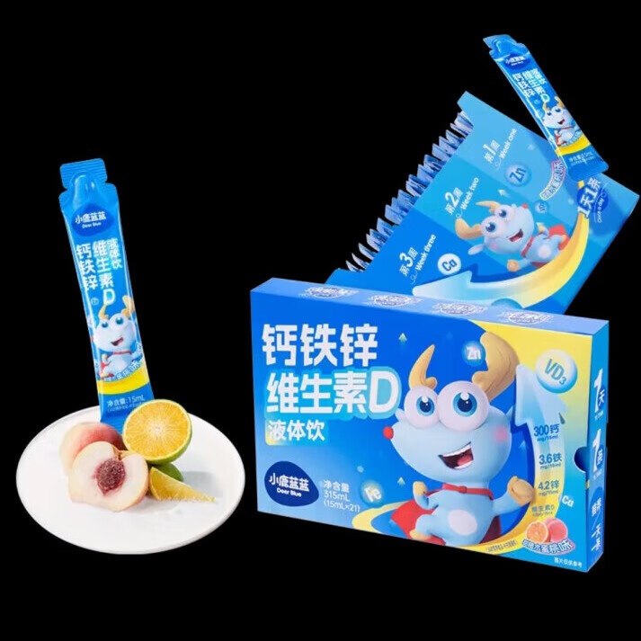 小鹿蓝蓝小鹿蓝蓝钙铁锌维D液体饮甜橙水蜜桃味vd钙铁锌碳酸钙315ml 3盒装