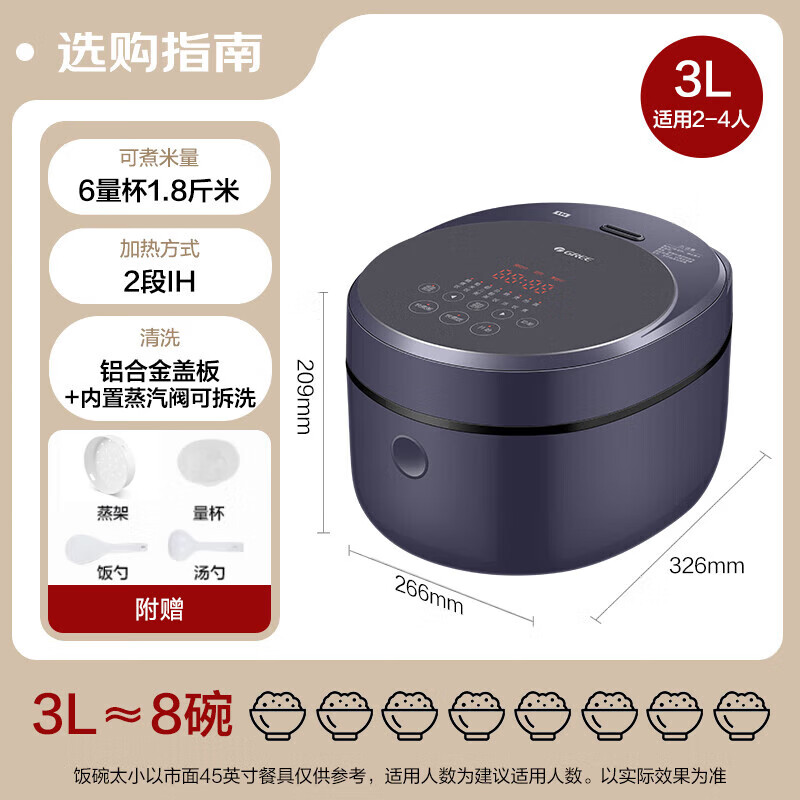 格力(GREE)原生铸铁电饭煲家用4升无涂层内胆电饭锅IH多功能微压力柴火饭蒸煮饭锅 316L不锈钢0涂层内胆 3L