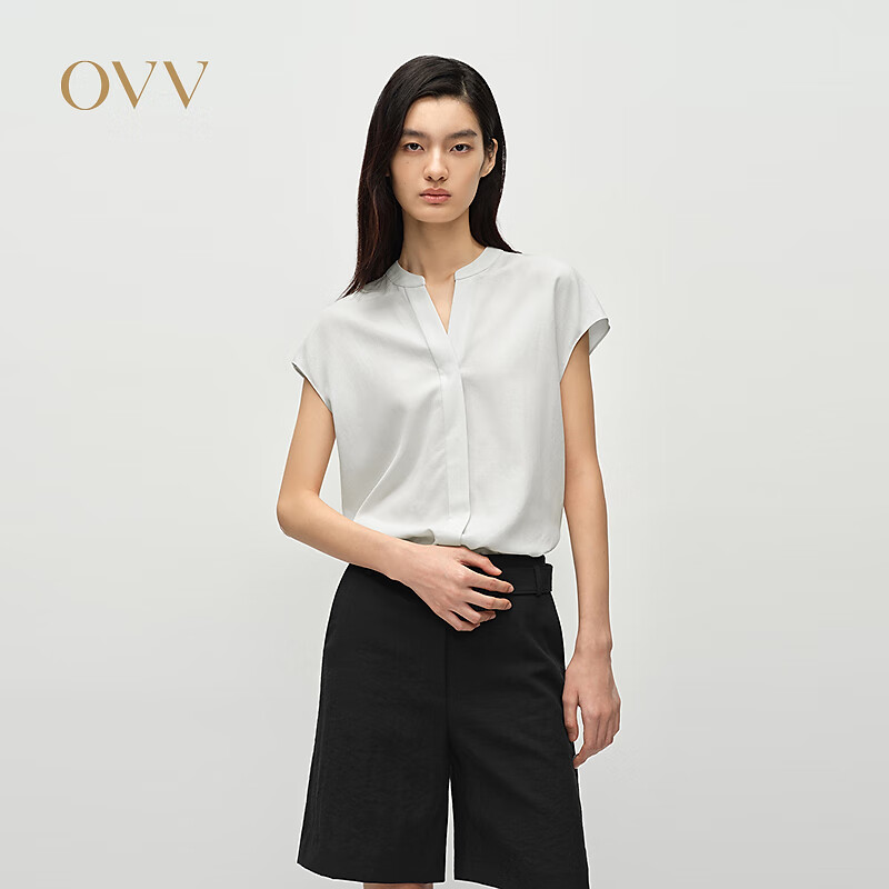 OVV2025春夏新款女装精致小立领易打理短袖休闲衬衫上衣 白沙灰 M