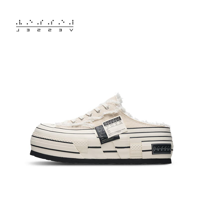 XVESSEL【陆虎同款】双侧标穆勒半拖内增高松糕帆布鞋拖鞋夏季 双标穆勒鞋 米色时尚 S24X39M 37