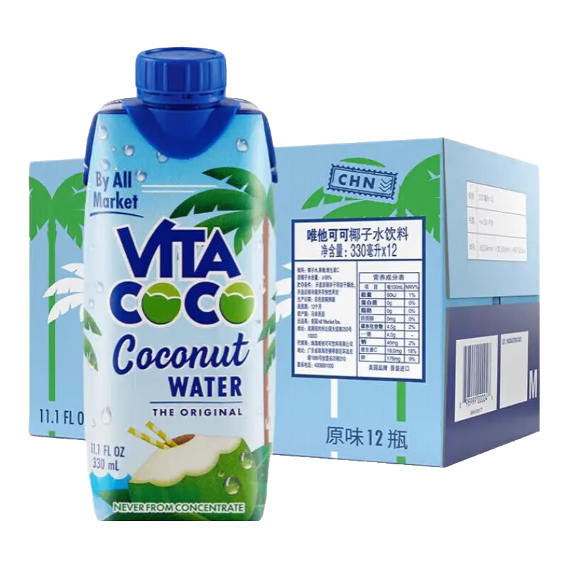 唯他可可vitacoco唯他可可天然椰汁飲料富含電解質(zhì)孕婦果汁椰子原裝進(jìn)口 330ml*12瓶整箱25年5月生產(chǎn)