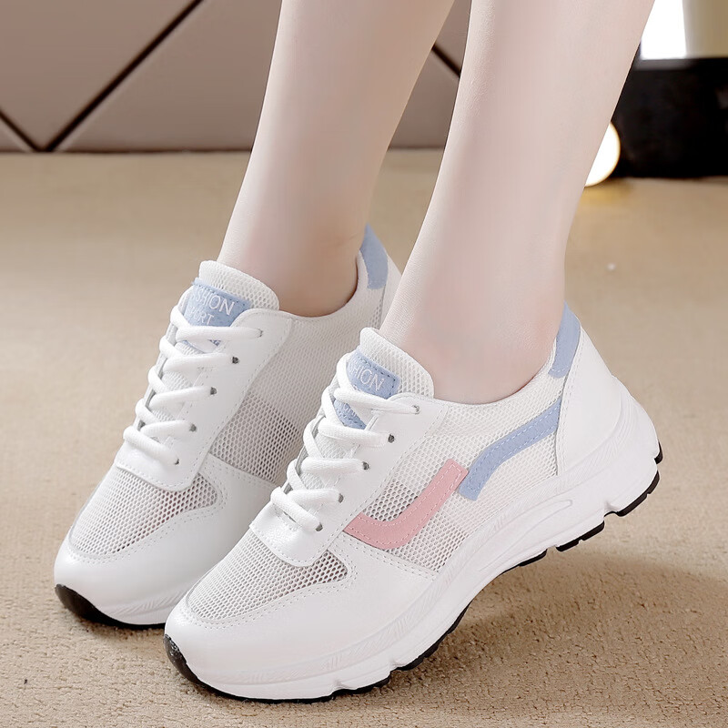 鸿星品牌断码清仓真皮运动鞋女春秋季2026新款透气网面跑步鞋休闲老爹鞋 5088蓝色（网面款） 42