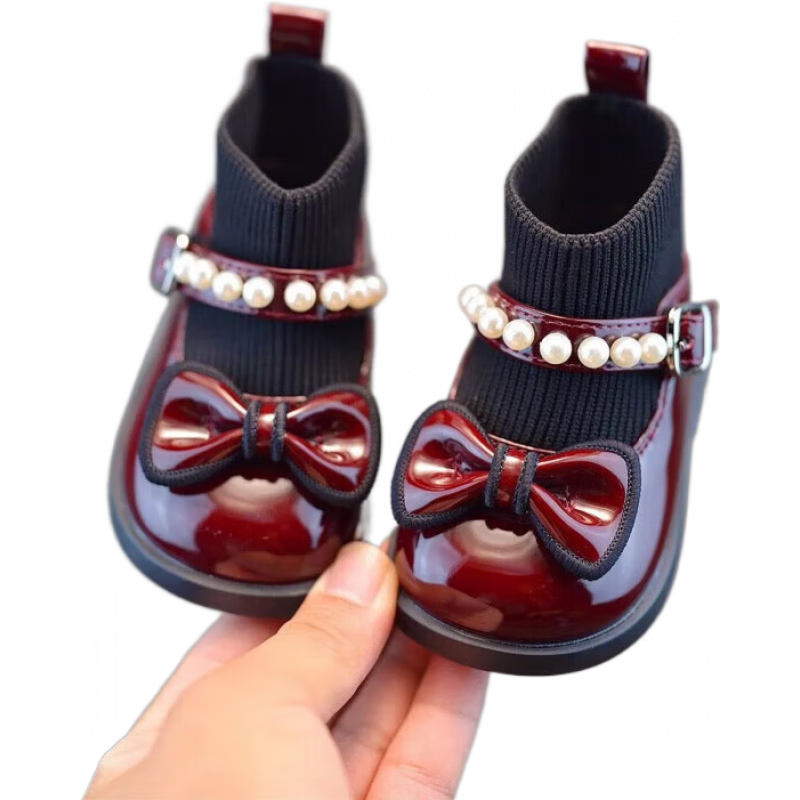 G.DUCKKIDS女童短靴秋冬季中小童寶寶學(xué)步鞋1-3歲韓版洋氣襪子靴加絨小皮鞋 酒紅色單里 23 內(nèi)長(zhǎng)14.5cm