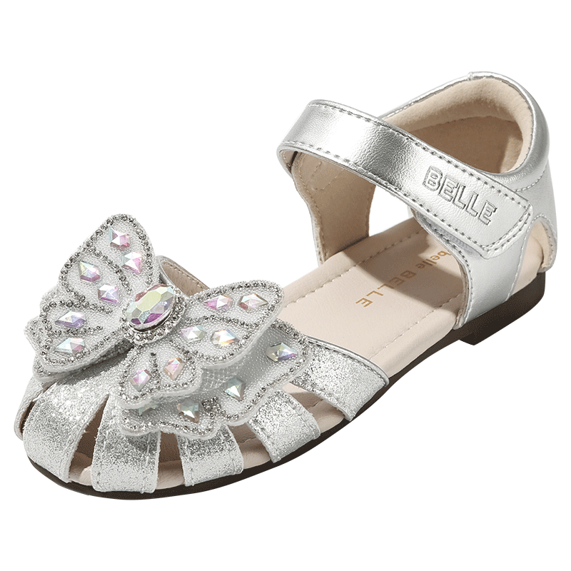 百丽（BeLLE）童鞋女童包头凉鞋夏季儿童公主水晶鞋宝宝软底学步鞋 银色33