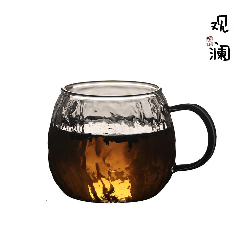 高颜值玻璃杯可加热牛奶果汁杯带盖把泡茶杯男女办公家用喝水杯子 树皮纹胖胖杯(水杯)