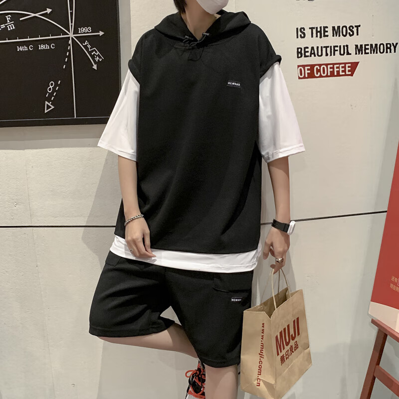 洛科驰夏季假两件短袖t恤休闲套装男港风宽松潮流ins青少年运动服两件套 黑色 M