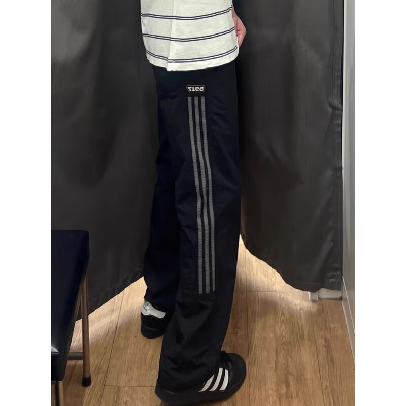 POUM男装2026新款美式条纹休闲裤男宽松百搭显瘦网面春秋保暖透气裤子 SDPFS-D60黑色 XL 体重120-140斤 尺码偏小建议拍大一码