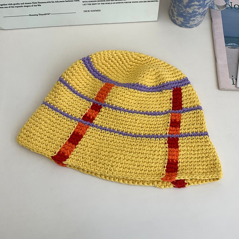 凌勋 帽子秋冬新款毛线渔夫帽女日系条纹撞色显脸小水桶帽手工钩织