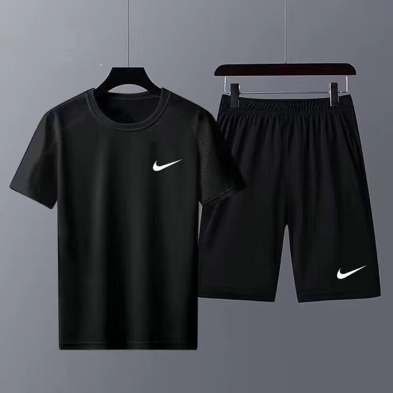 NBA KIDS-NIKE短袖夏季运动套装田径套装男女速干健身篮球跑步训练短裤运 耐克束干套装小勾黑色+黑短裤 3XL 耐克3XL