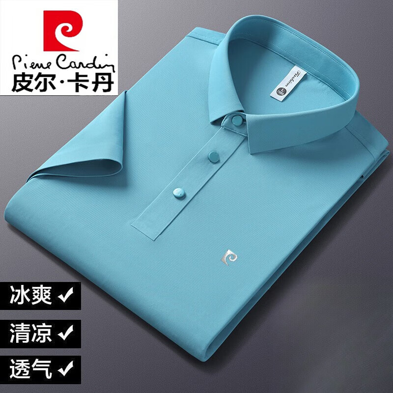 皮爾卡丹（pierre cardin）高級感桑蠶絲短袖T恤男夏季薄款純色中年翻領真絲POLO保羅衫針織 淺藍色 XL 175碼