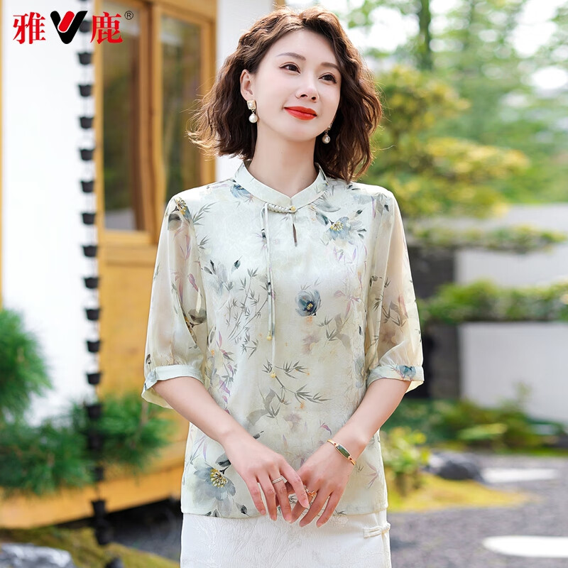 雅鹿母親節(jié)禮物實(shí)用送媽媽夏裝國(guó)風(fēng)雪紡T恤衫50歲60洋氣中老年女裝