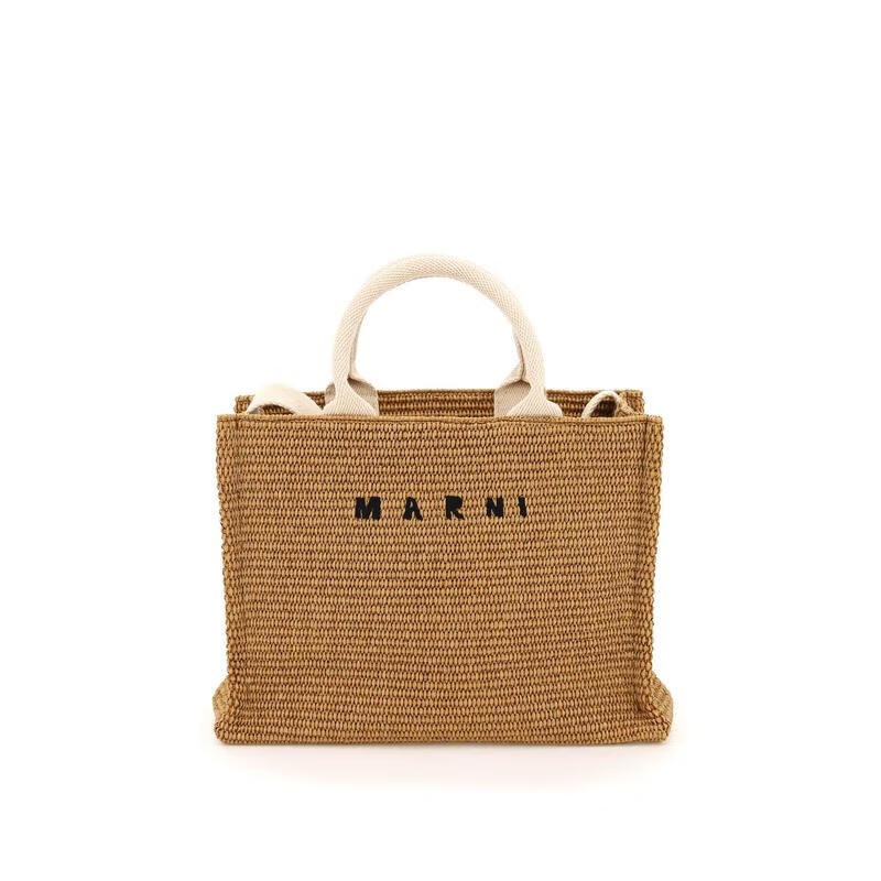 MARNI【禮物】麻尼編織草編手提包女款天然棉麻手拿包斜挎包矮靿戶外休 棕色 TU