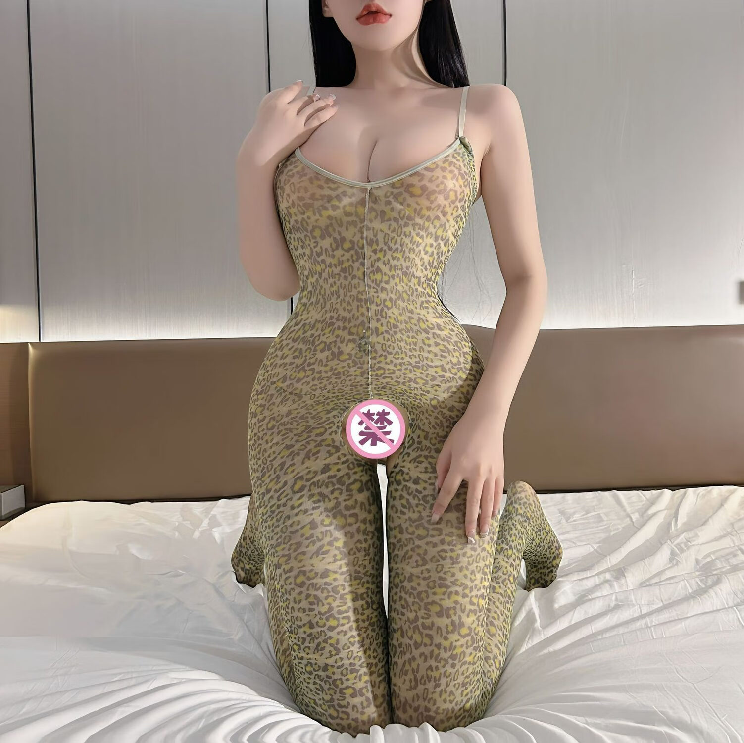 爱如如性感吊带抹胸豹纹连体袜开裆免脱诱惑撕扯睡衣 117 豹纹 均码