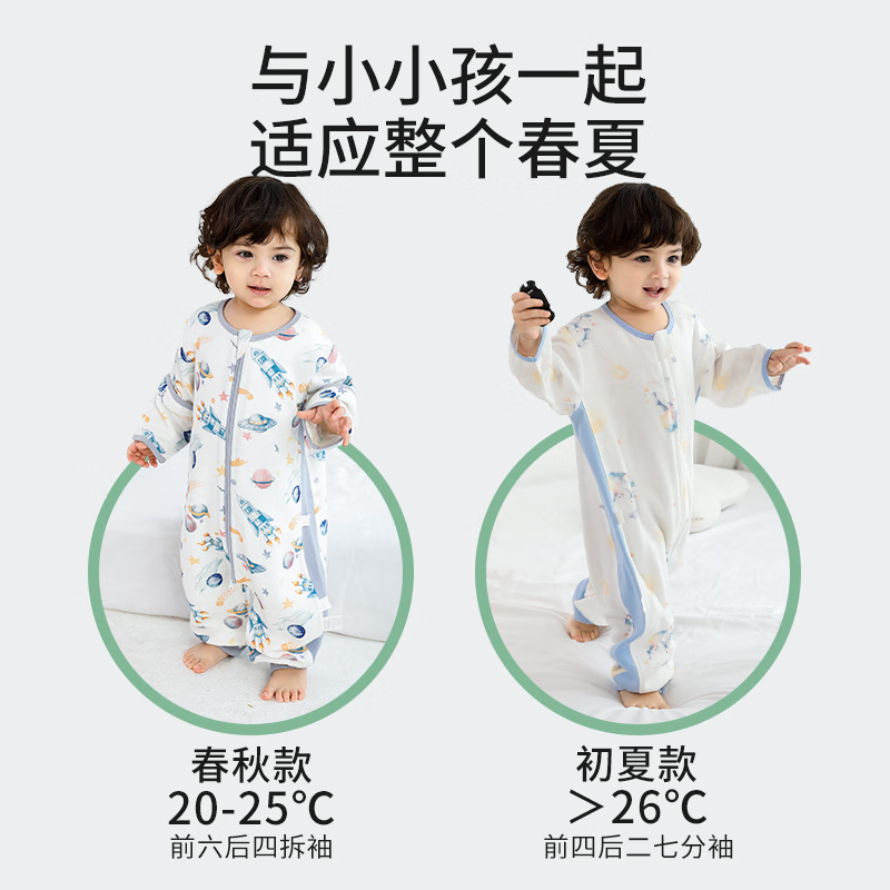 贝谷贝谷儿童睡袋婴儿分腿睡袋春夏季纱布竹棉防踢包被子可拆袖宝宝抱被 云海岛鲸竹棉前4后2【26℃以上】 L码【身高95-105cm】年龄3-4岁