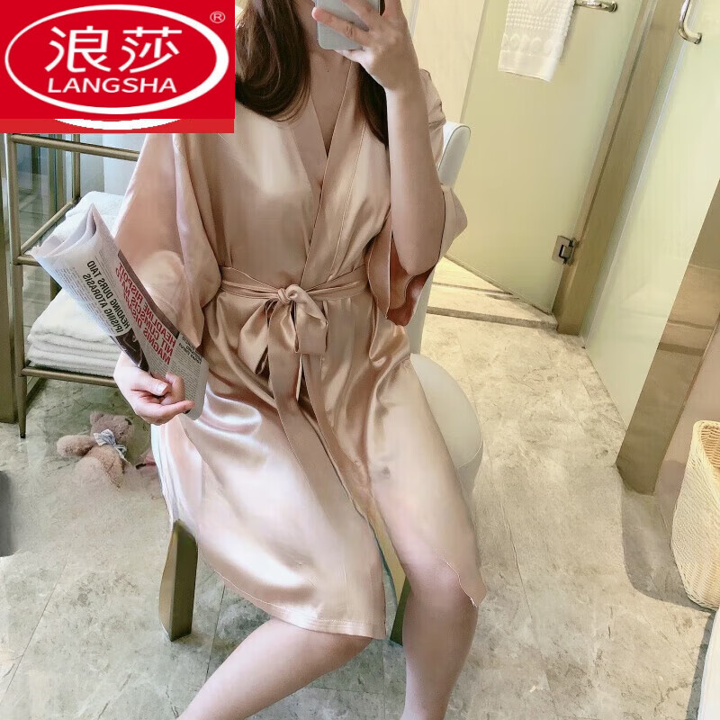 浪莎（LangSha）新年戰(zhàn)袍真絲睡袍女春夏款冰桑蠶絲薄款性感浴袍睡衣日式和服睡裙 8409#杏色 M 【115135斤】