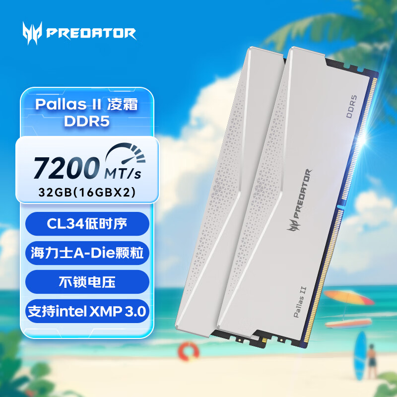 宏碁掠夺者（PREDATOR）32G(16G×2)套装 DDR5 7200频率 台式机内存条 Pallas II 凌霜系列(C34)星光银 AI电脑存储配件