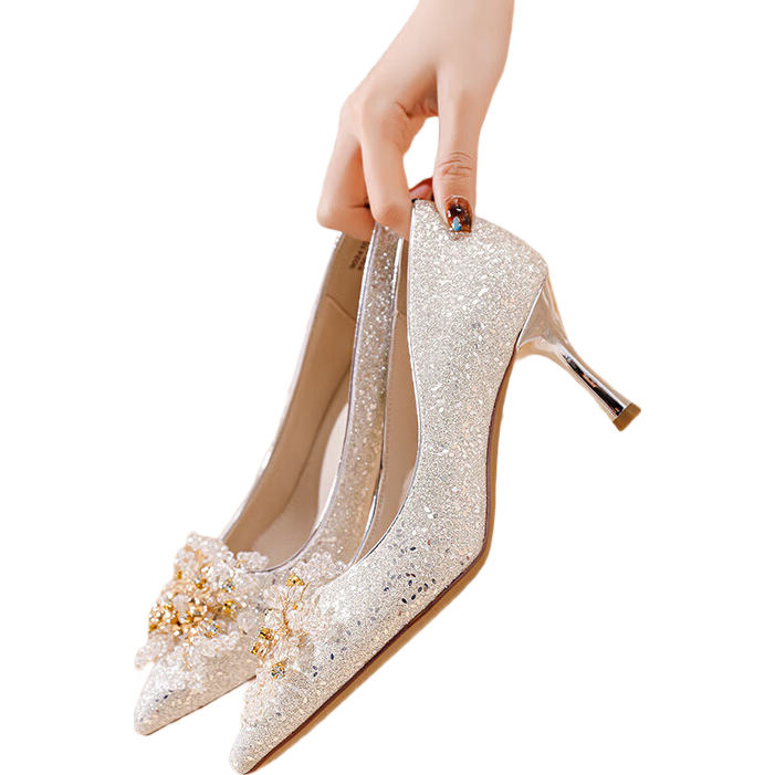 達(dá)芙妮簡(jiǎn)約百搭尖頭高跟鞋女法式單鞋高級(jí)不累腳新娘鞋婚鞋 銀色 40