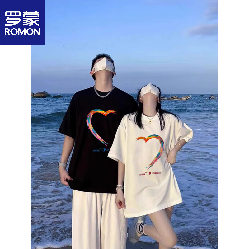 罗蒙（ROMON）情侣装早春2026新款潮牌设计感夏装纯棉宽松情侣套装短袖t恤班服 白色男+白色女 S M =男M+女S