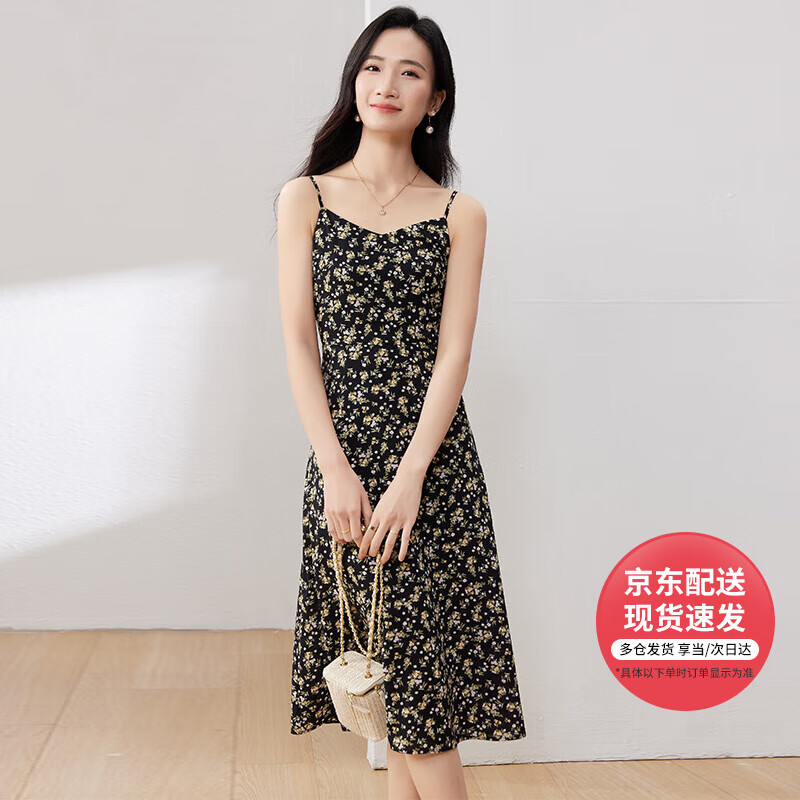 凡琴碎花吊带连衣裙春小个子显瘦度假风A字裙 352L73568 黑底花色 L 