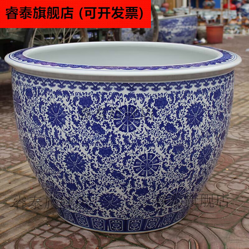 青花景德鎮(zhèn)陶瓷魚缸1米特大水缸瓷缸客廳庭院睡碗蓮盆荷花缸 纏枝蓮 73x52cm默認無孔，需要開孔備注