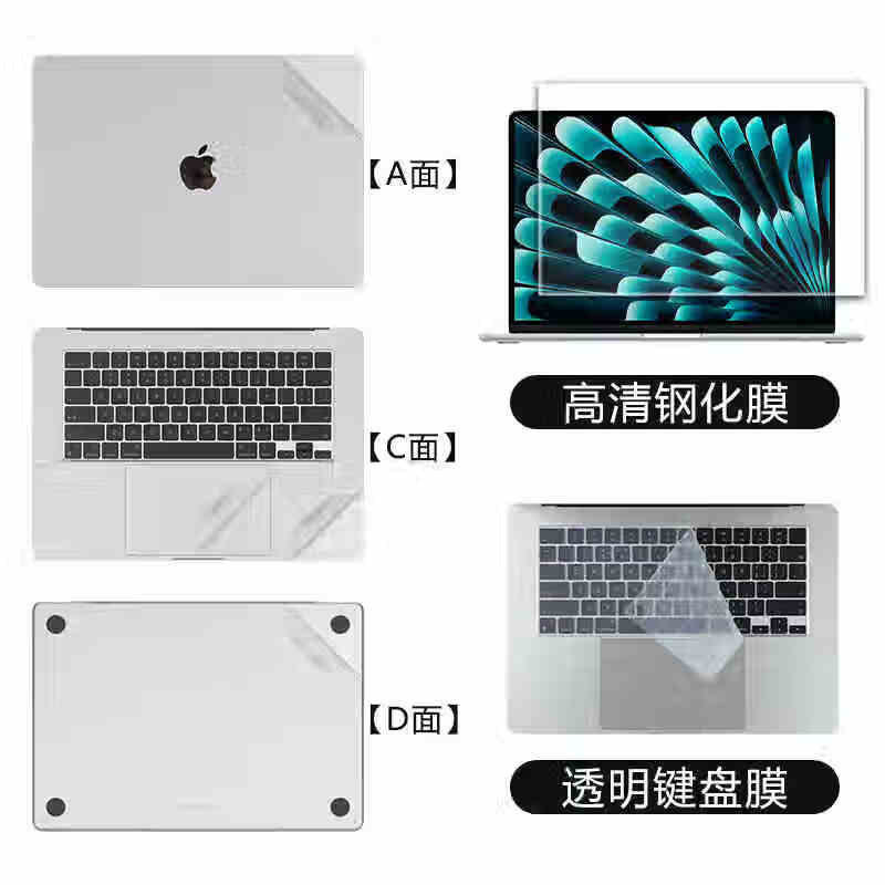 咔咔鱼适用2026苹果MacBook外壳膜Neo笔记本A3404贴膜Air13贴纸Pro14电脑M5保护膜Air15透明Pro16机身膜 透明磨砂ACD面+键盘膜+高清（钢化）屏幕膜 苹果笔记本型号（拍下留言）