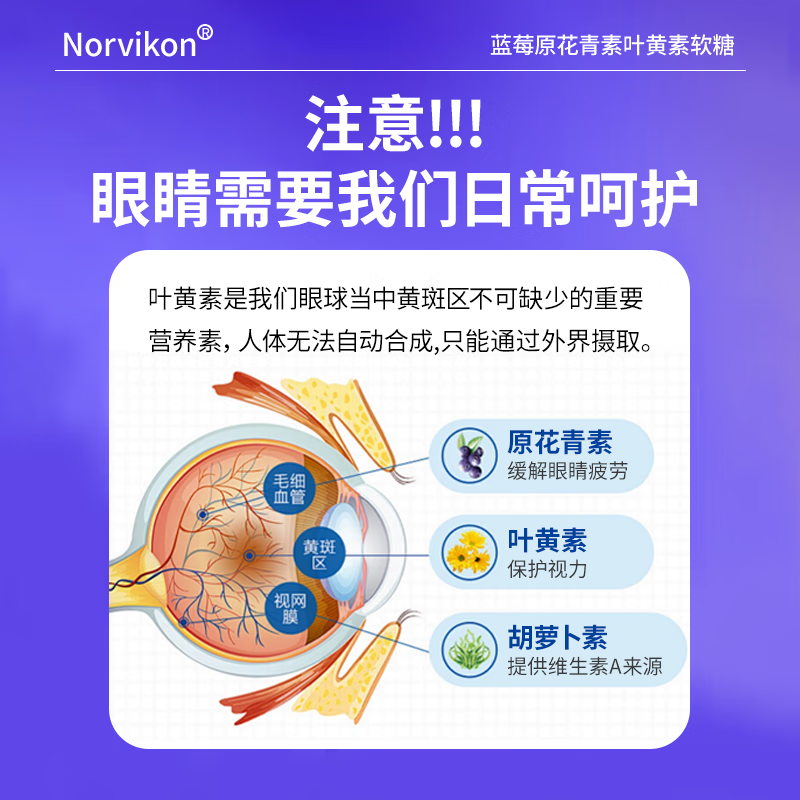 norvikon美国进口蓝莓护眼叶黄素软糖保护视力儿童青少年视力90粒/瓶 【周期装买二赠一】大多数人的选择 270粒*3瓶