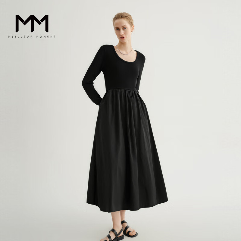 麦檬MM商场同款2023年秋冬新款黑色U领拼接连衣裙女5E9193561 黑色 L