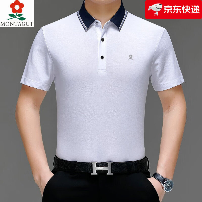 梦特娇（MONTAGUT）男士短袖t恤2024夏季新款丝光全棉休闲翻领中年polo衫上衣 MTJ9552白色 S 165/84A