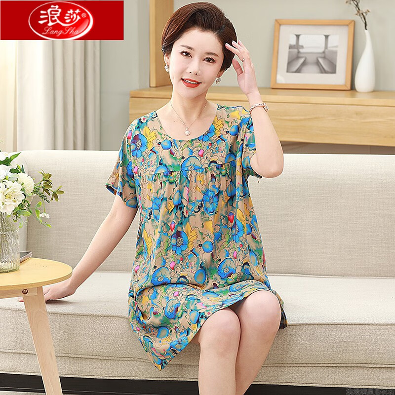 浪莎中老年妈妈睡裙女夏纯棉绸家居服薄款人造棉睡衣女夏款宽松连衣裙 短袖裙咖底蓝花 均码 亲肤/舒适/透气