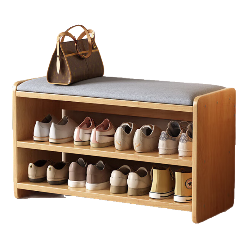 实木入户换鞋凳软包坐垫家用门口坐式鞋架鞋柜一体玄关多层收纳 原木色 45*28*45