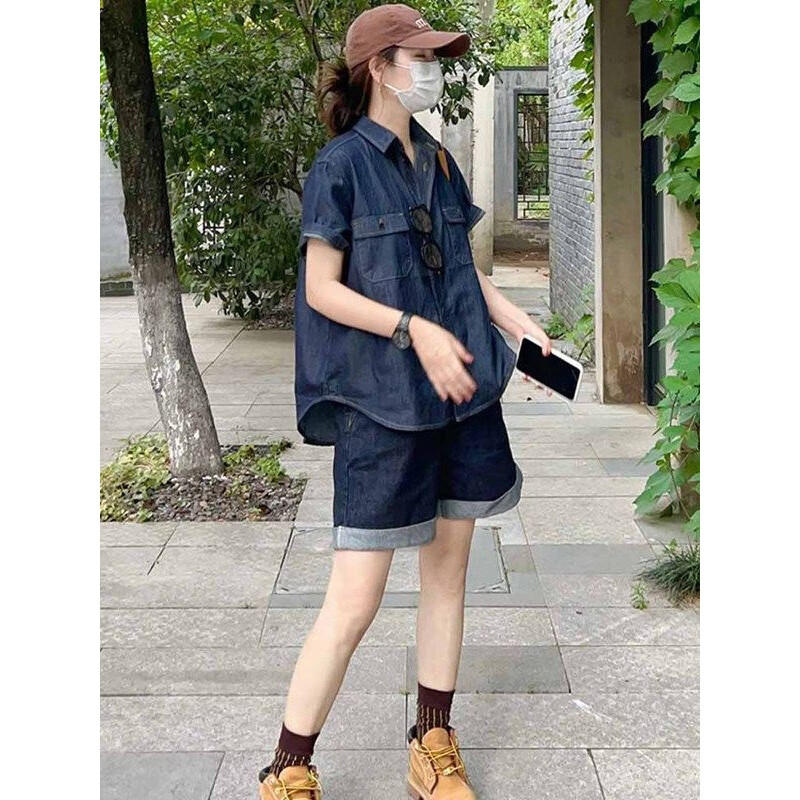 妃莉杋(FeiLiFan)夏季休闲女装套装2026新款韩版宽松显瘦短袖衬衫牛仔短裤女一整套 衬衫+短裤 M
