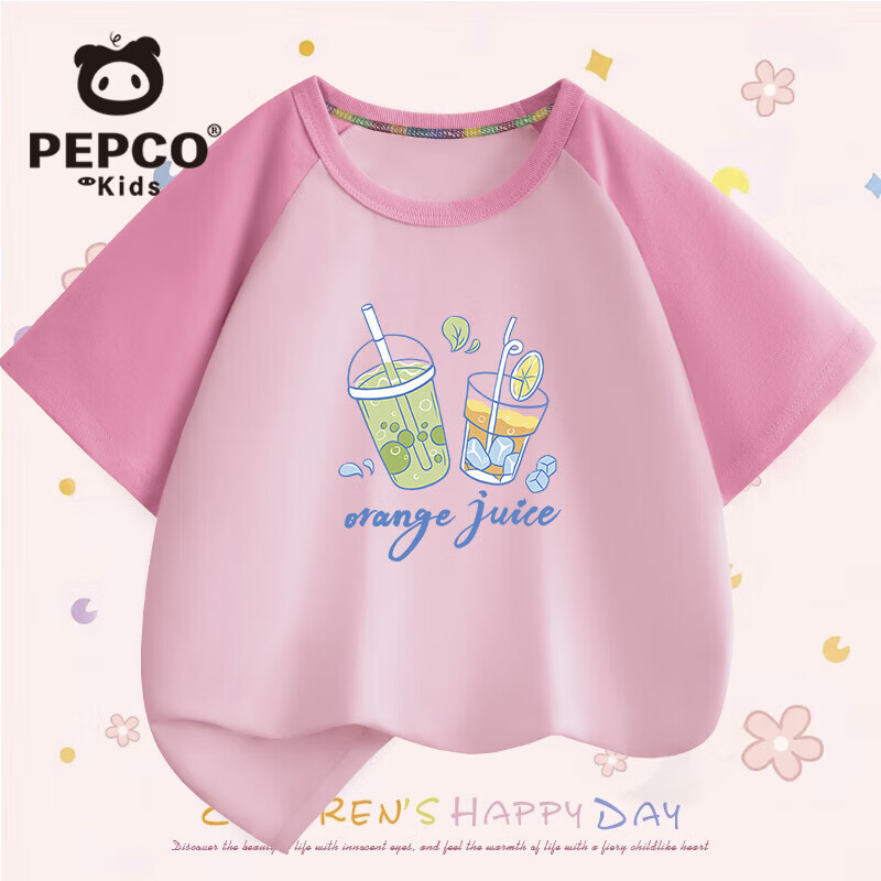 MINI PEPCO小猪班纳童装女童短袖t恤纯棉夏季新款女孩宽松透气半袖洋气夏装 【100%纯棉短袖T】粉色橙汁 160 建议【75-90斤】