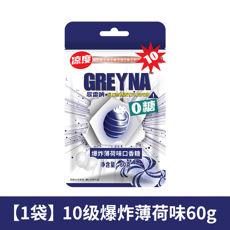 歌雷吶GREYNA歌雷吶10級爆炸薄荷味口香糖60g無(wú)糖薄荷糖爆涼提醒神糖果 【10級】爆炸薄荷味60g*1包