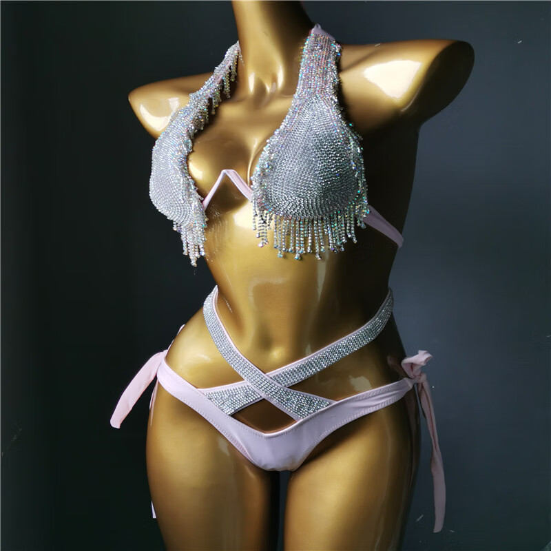 2021年新款亞馬遜eBay歐美流蘇比基尼泳衣夜店服內(nèi)衣bikini 粉色 S
