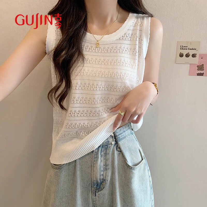 古今（GUJIN）法式慵懒风镂空针织吊带背心女无袖上衣薄款冰丝百搭外穿打底衫女