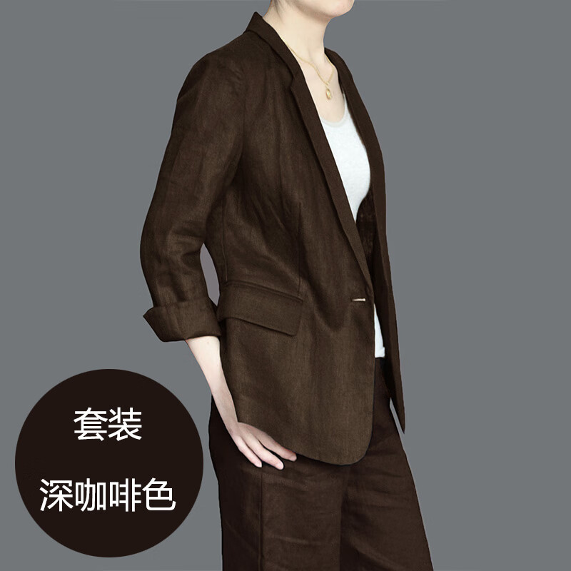 米詩(shī)德（MISHIDE）夏季薄款棉麻西裝外套女亞麻西服套裝女時(shí)尚氣質(zhì)韓版休閑棉麻小西 深咖啡色[套裝:上衣+褲子 XXL130斤至140斤 均碼