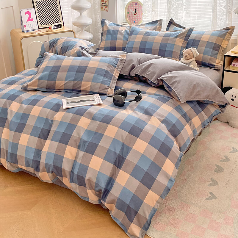 羽匠加厚磨毛小清新印花四件套学生宿舍套件家用床单柔软四件套秋冬季 千趣格 床单款 三件套（被套150*200cm）