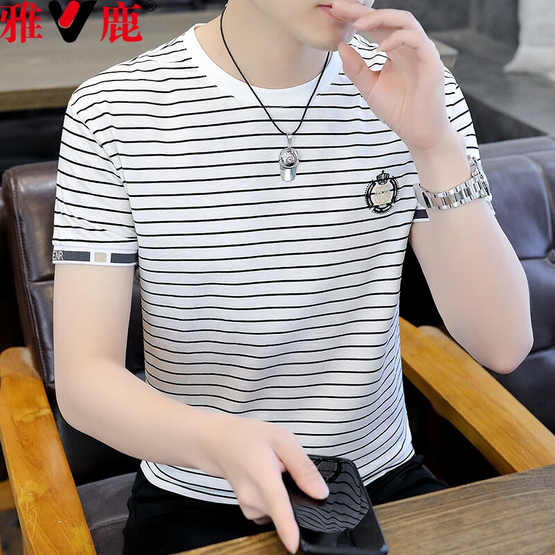 百亿补贴:雅鹿短袖T恤男高档薄款夏季条纹刺绣半截袖时尚帅气上衣宽松简约T恤 706白色 2XL (约135-150斤可穿) 49元