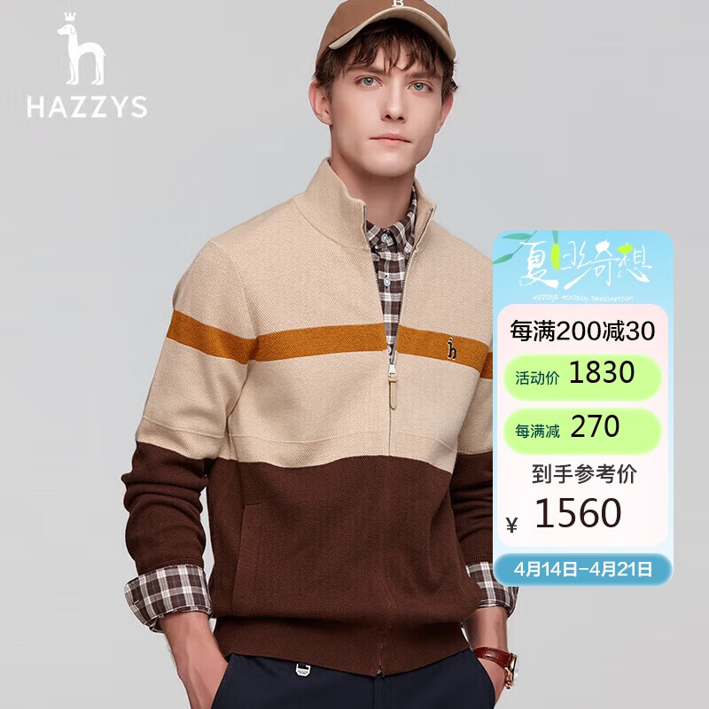 哈吉斯（HAZZYS）男裝 秋冬男士毛衣外套條紋立領拉鏈羊毛衫男ABYZD0ADX56