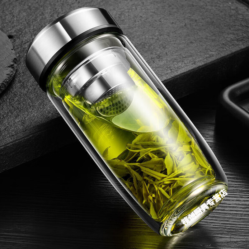 筷创 双层玻璃茶杯大容量男士商务隔热泡茶杯子家用透明鹅蛋水杯子 钢本色500ml(大容量+可车载)