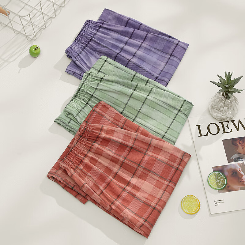 芬腾纯棉睡裤女夏季新款薄款七分裤休闲格子可外穿大码家居裤单裤 香芋紫 XL 建议：125-145斤