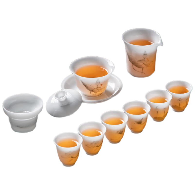 金鑲玉功夫茶具整套裝 家用羊脂玉白瓷繪制送禮品盒高檔詠荷套組
