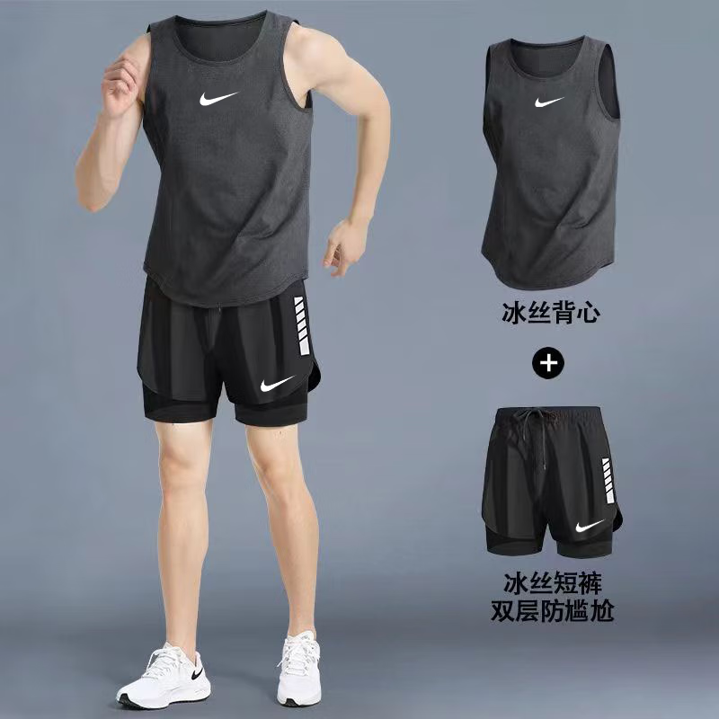 NBA KIDS-Nike耐ke健身衣服男夏季短褲背心跑步裝備田徑馬拉松籃球訓(xùn)練速 黑色背心+黑色短褲【兩件套】 XL【建議120-140斤】