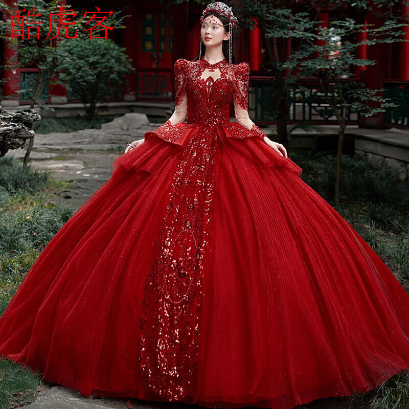酷虎客新娘主婚紗紅色主婚紗禮服新娘2024新款復(fù)古重工小個子長袖v領(lǐng)出 M 齊地(頭紗手套裙撐)