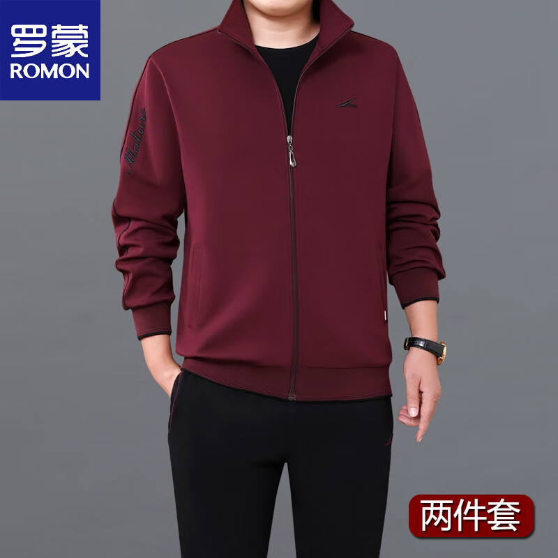 罗蒙(ROMON)男士运动套装2025春秋季新款跑步长袖大码宽松两件爸爸休闲运动服 083款(红色)两件套 L (-120斤)) 京东折扣/优惠券