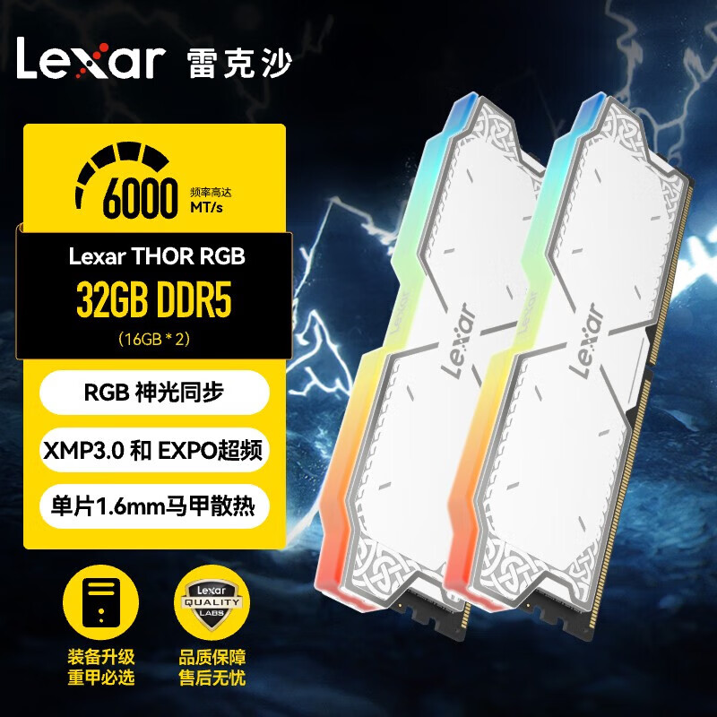 雷克沙DDR5 6000 32GB(16GB×2)套条 电竞RGB灯条台式内存条 C38 Thor雷神之刃 6000MHz-RGB-CL38-雷神之刃-银