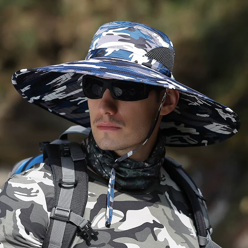 遮阳防晒帽子男士夏季户外登山钓鱼帽太阳帽渔夫帽凉帽骑车帽 迷彩蓝色-15CM 防微雨（可戴60以内）